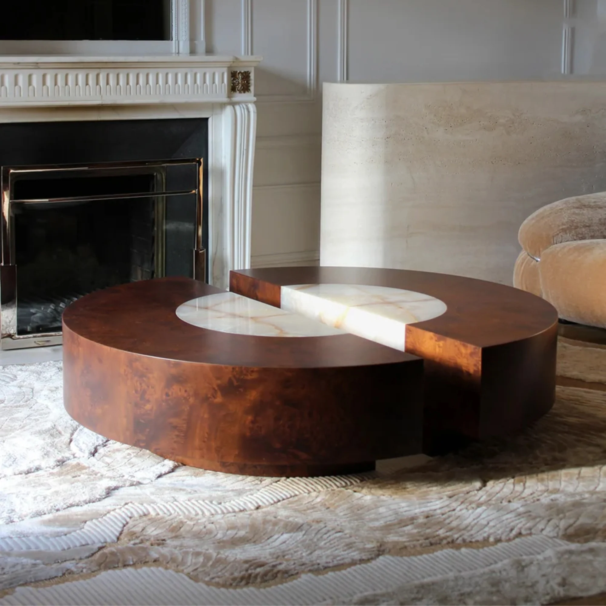 Baci Round Wood and Shell Onyx Coffee Table - Image 3