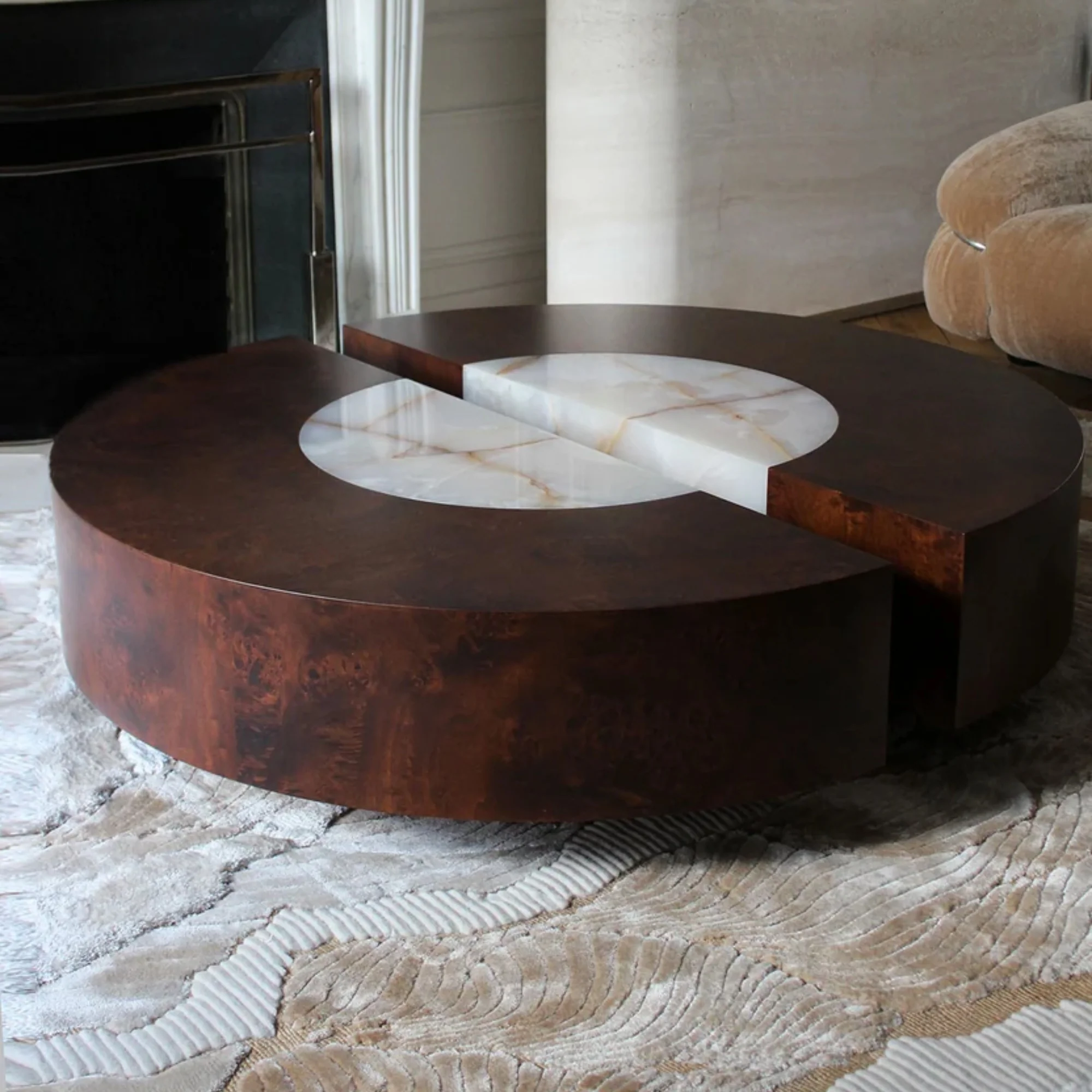 Baci Round Wood and Shell Onyx Coffee Table - Image 4