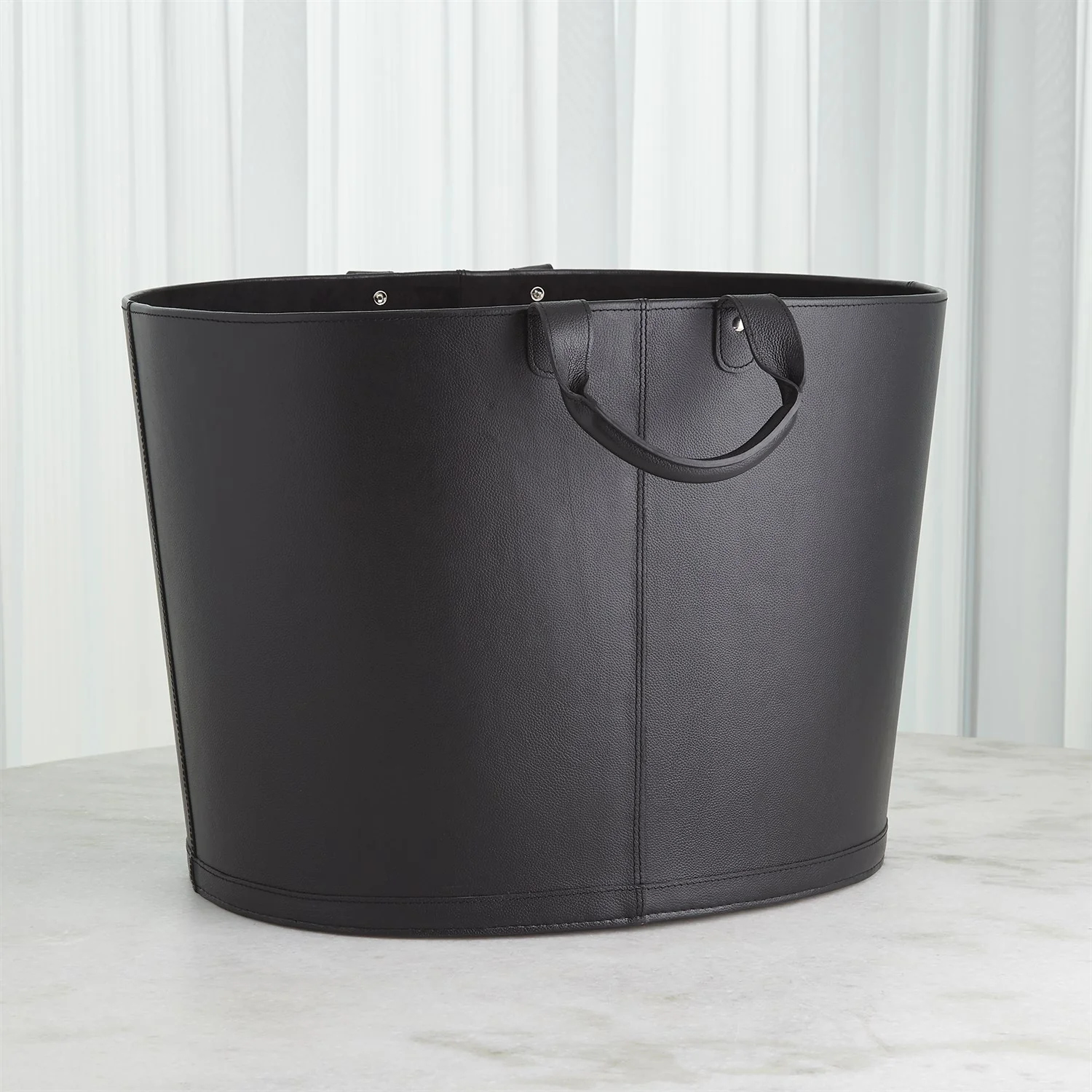 Oversized Oval Leather Basket - Black - Image 2